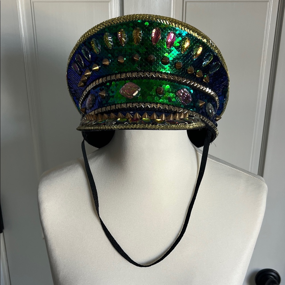 Source Unknown Green and Gold Embellished Hat